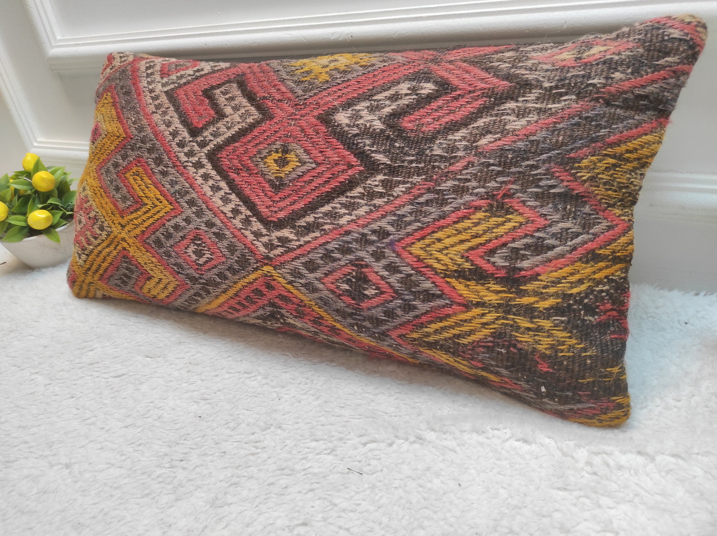 Handmade Kilim Pillow Cover: Red Bohemian Woven Lumbar Pillow (12x24 in)