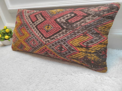 Handmade Kilim Pillow Cover: Red Bohemian Woven Lumbar Pillow (12x24 in)