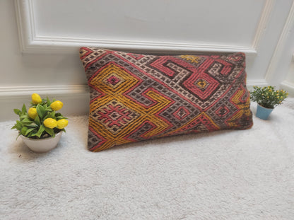 Handmade Kilim Pillow Cover: Red Bohemian Woven Lumbar Pillow (12x24 in)