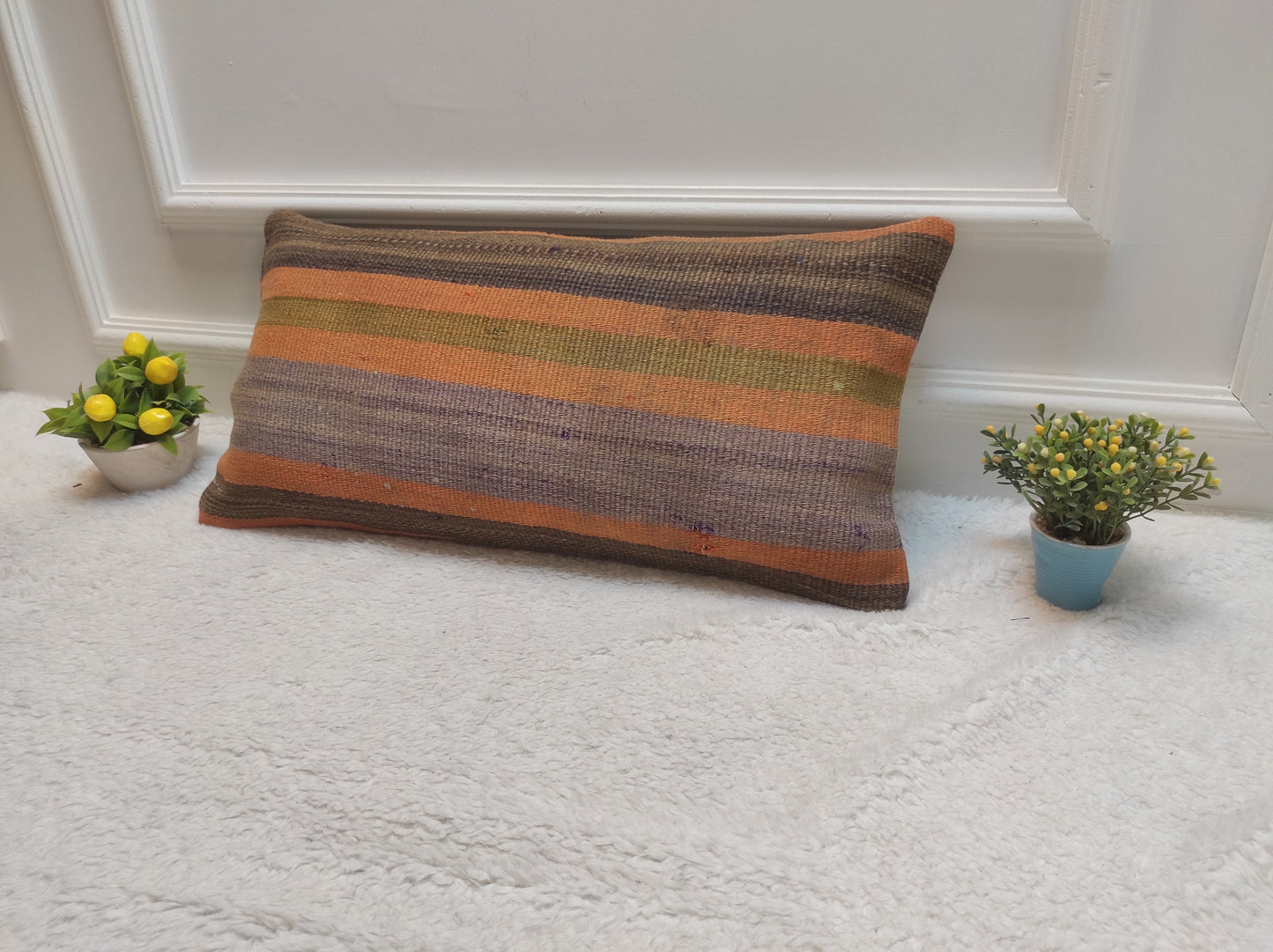 Handmade Kilim Pillow Cover: Upcycled Woven Rug, Orange Tribal Design (30x60 cm)