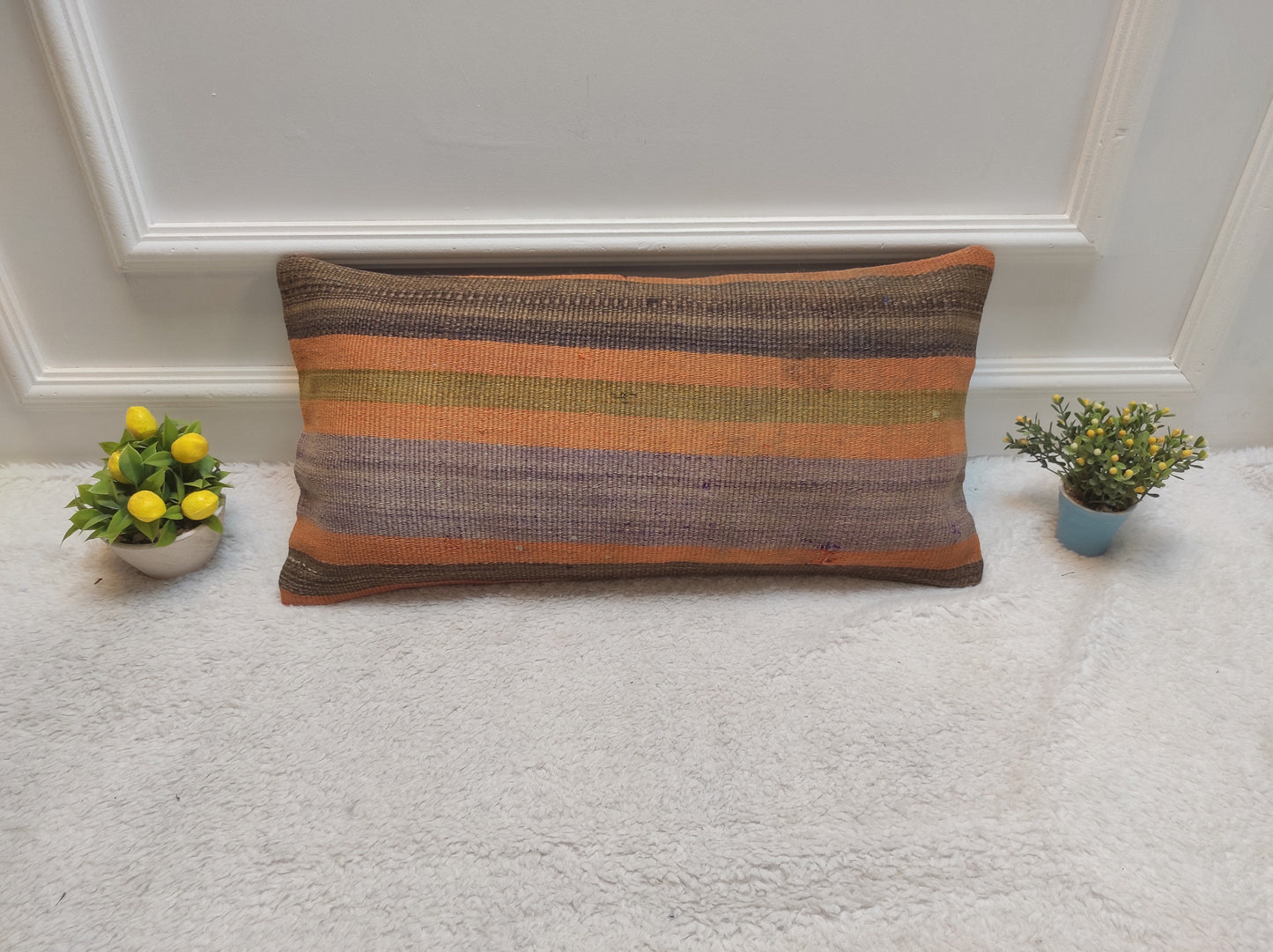 Handmade Kilim Pillow Cover: Upcycled Woven Rug, Orange Tribal Design (30x60 cm)
