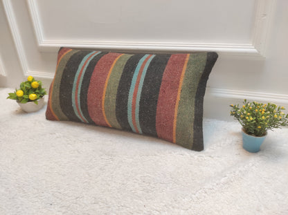 Handmade Kilim Pillow Cover: Upcycled Woven Rug, Striped Lumbar Cushion (12x24 inc)