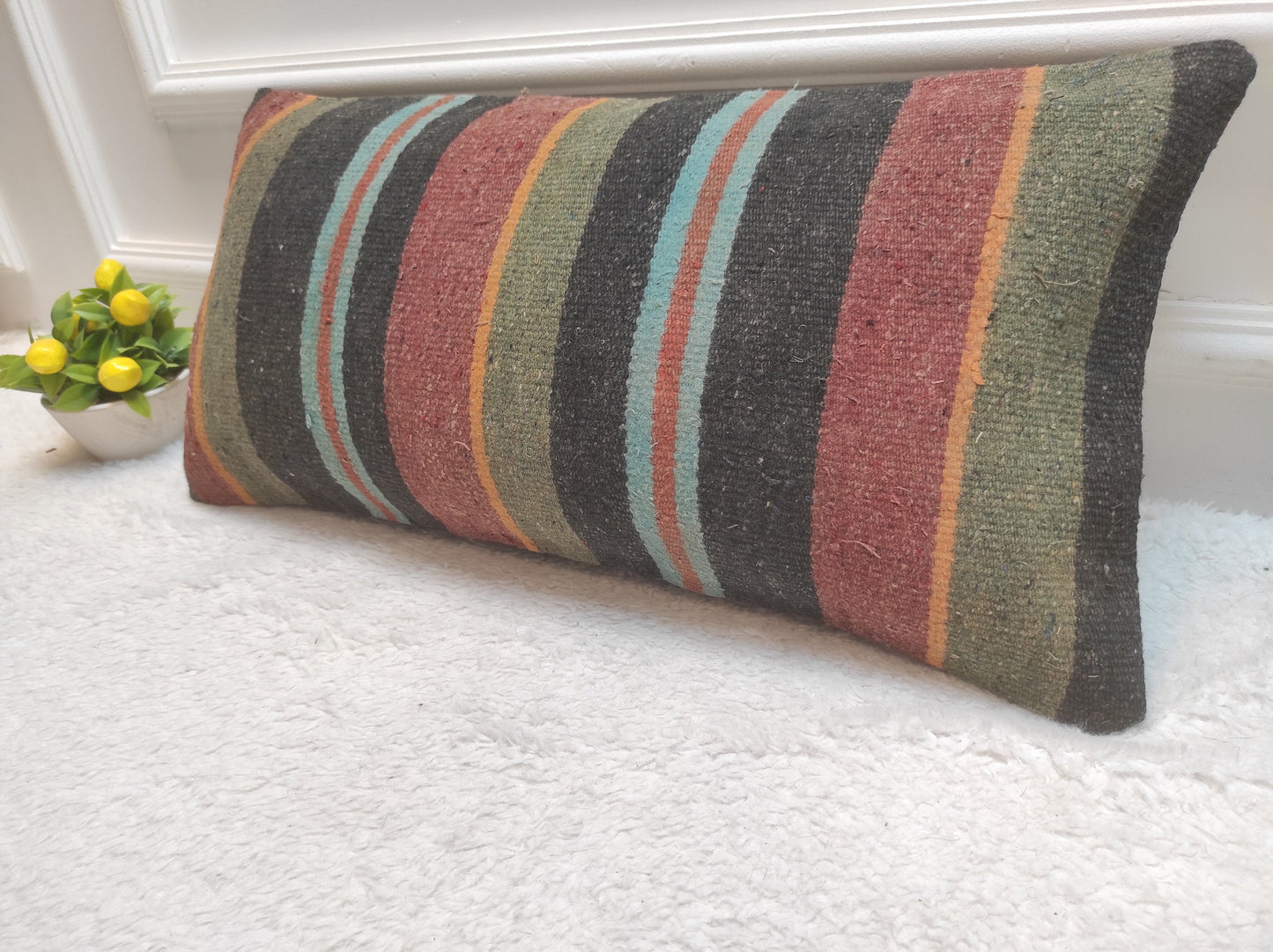 Handmade Kilim Pillow Cover: Upcycled Woven Rug, Striped Lumbar Cushion (12x24 inc)