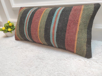 Handmade Kilim Pillow Cover: Upcycled Woven Rug, Striped Lumbar Cushion (12x24 inc)