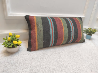 Handwoven Kilim Lumbar Pillow: Rustic Tribal Cover (12x24 in)