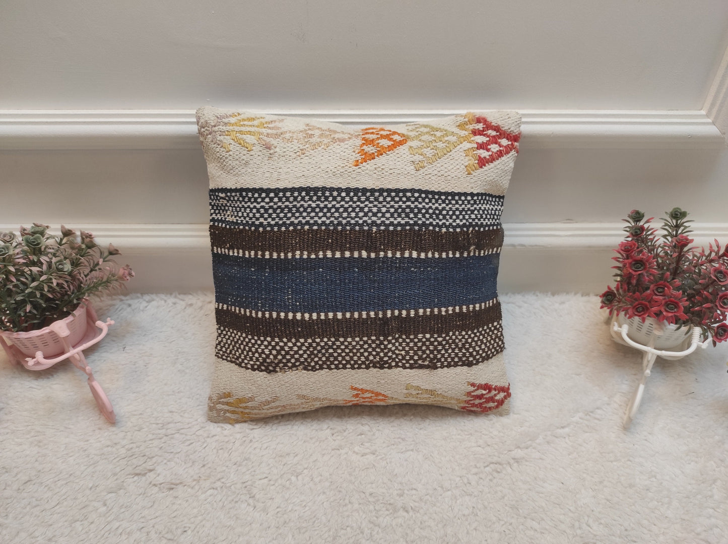 Handwoven Kilim Pillow Cover: Upcycled Tribal Rug, 12x12 inch