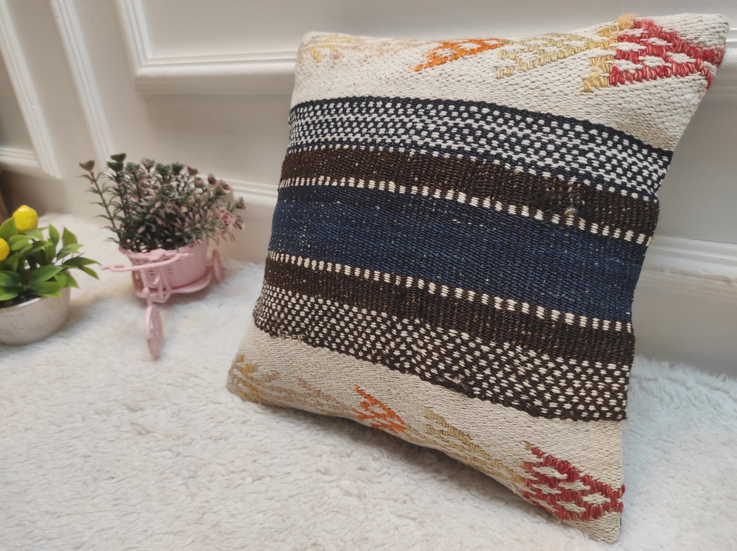 Handwoven Kilim Pillow Cover: Upcycled Tribal Rug, 12x12 inch