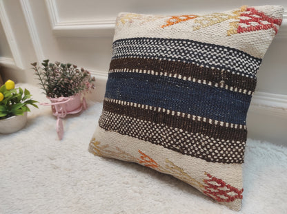 Handwoven Kilim Pillow Cover: Upcycled Tribal Rug, 12x12 inch