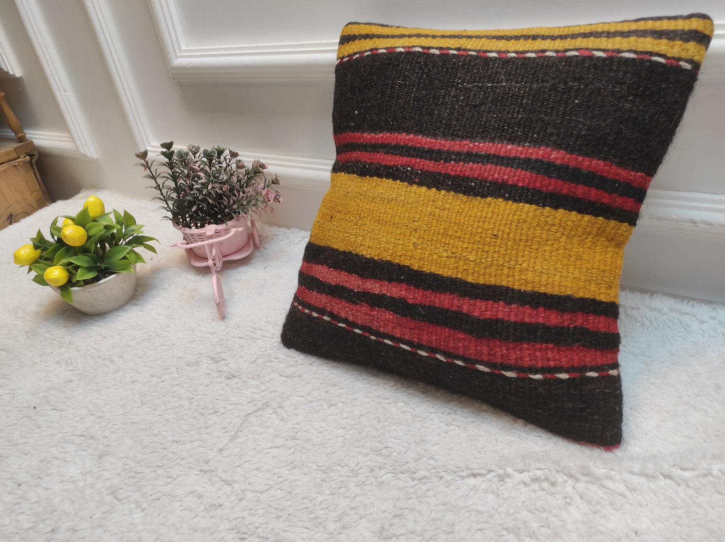 Handwoven Kilim Pillow Cover: Black, Red, Yellow, Bohemian Accent (12x12 inc)