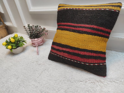 Handwoven Kilim Pillow Cover: Black, Red, Yellow, Bohemian Accent (12x12 inc)