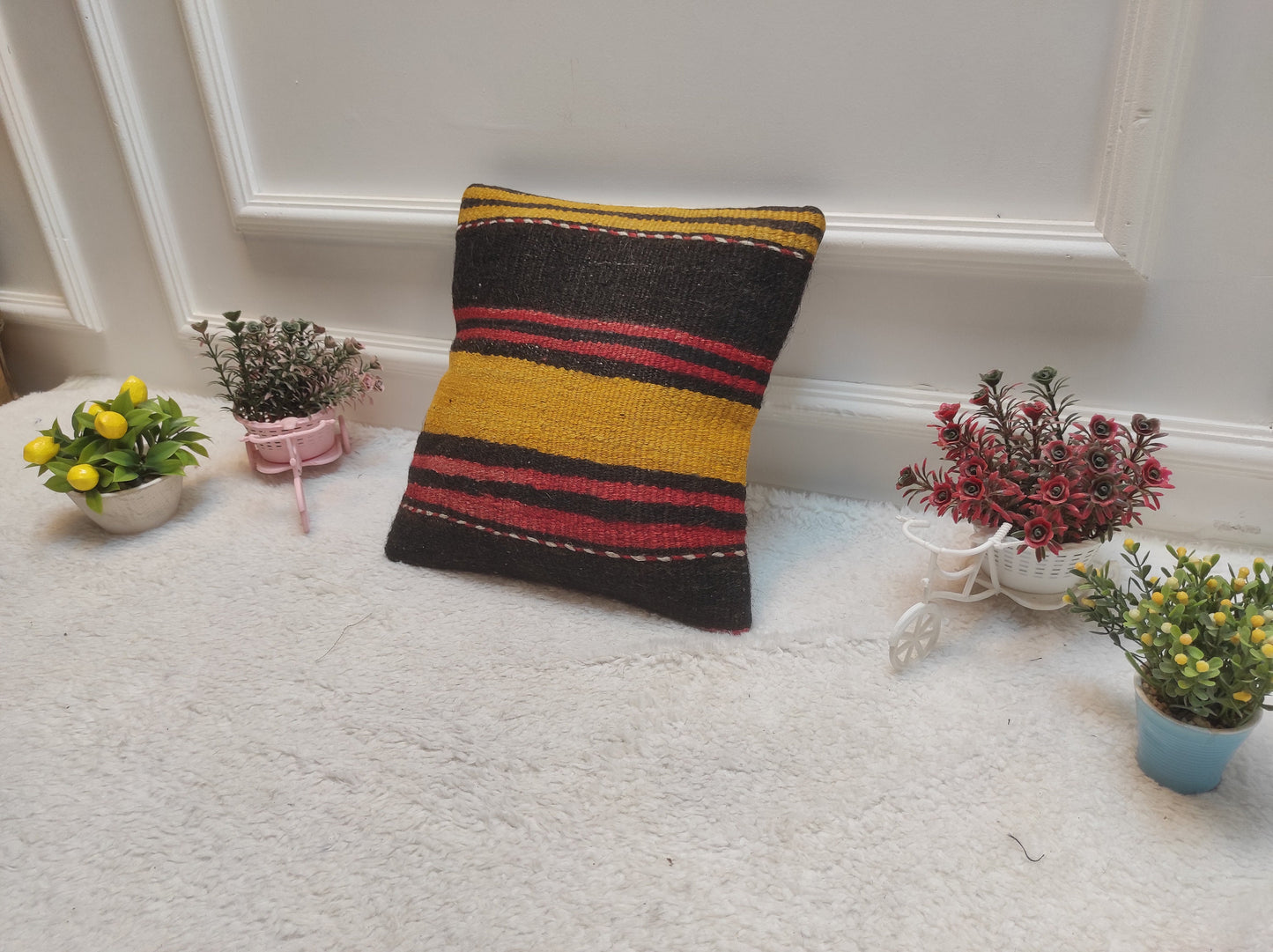 Handwoven Kilim Pillow Cover: Black, Red, Yellow, Bohemian Accent (12x12 inc)