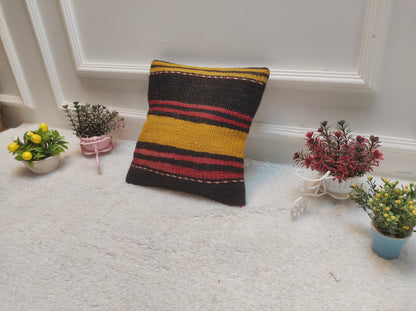 Handwoven Kilim Pillow Cover: Black, Red, Yellow, Bohemian Accent (12x12 inc)