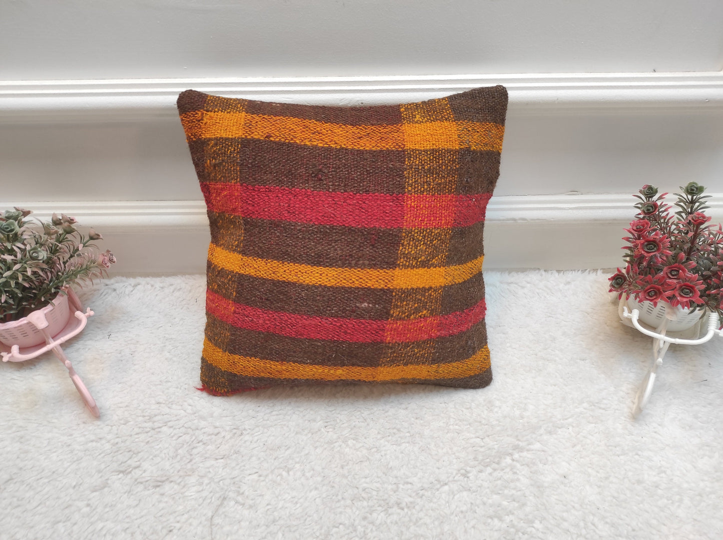 Handmade Kilim Pillow Cover: Upcycled Woven Rug, Rustic Ethnic Decor 12x12 inch