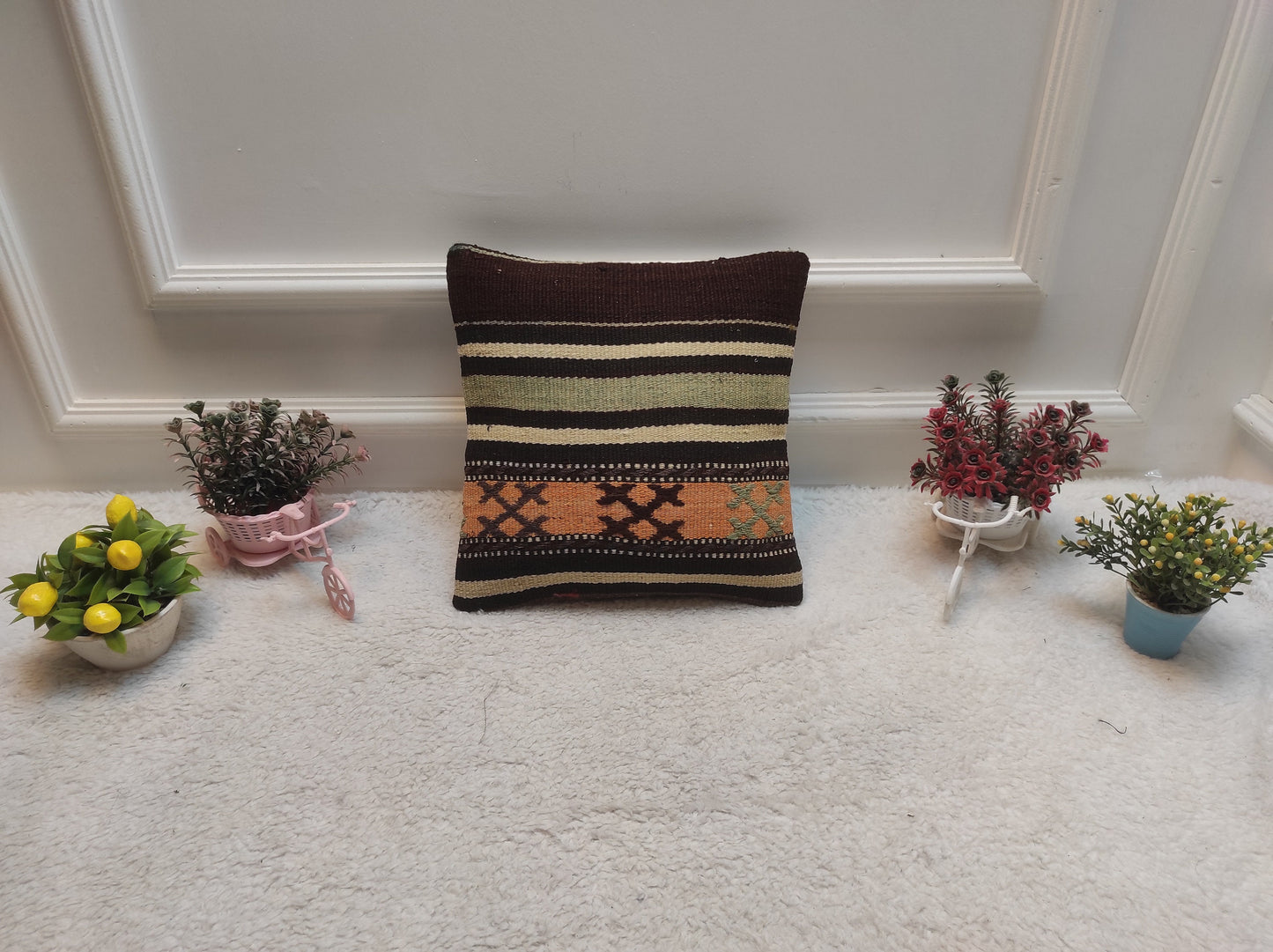 Handmade Kilim Pillow Cover: Upcycled Organic Wool, Bohemian Decor (12x12 in)