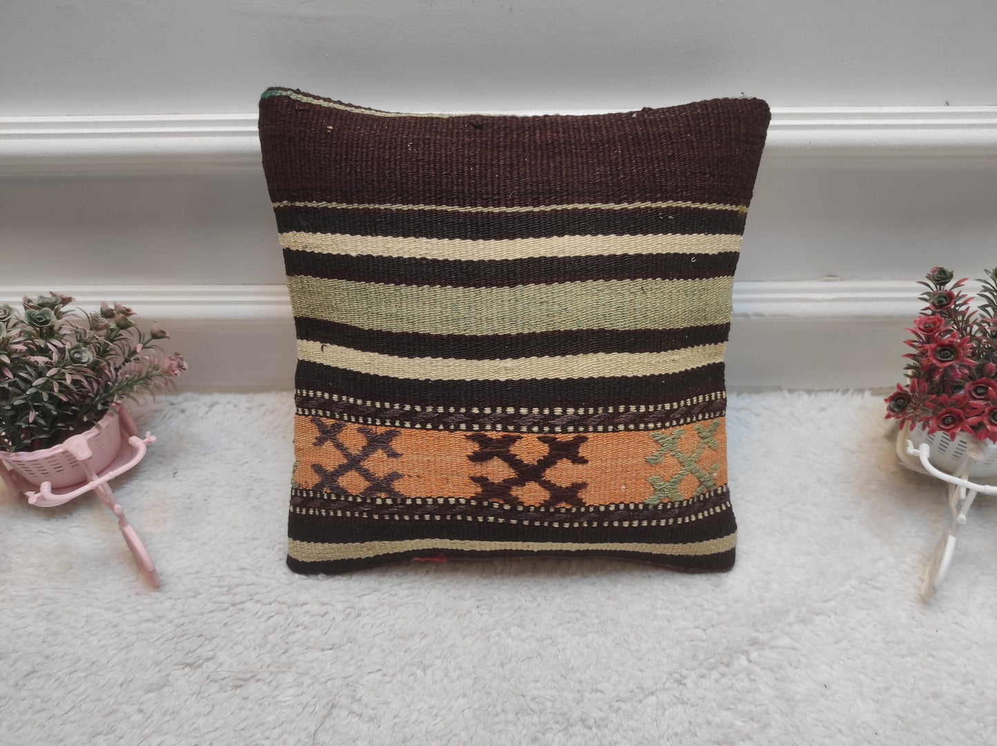 Handmade Kilim Pillow Cover: Upcycled Organic Wool, Bohemian Decor (12x12 in)