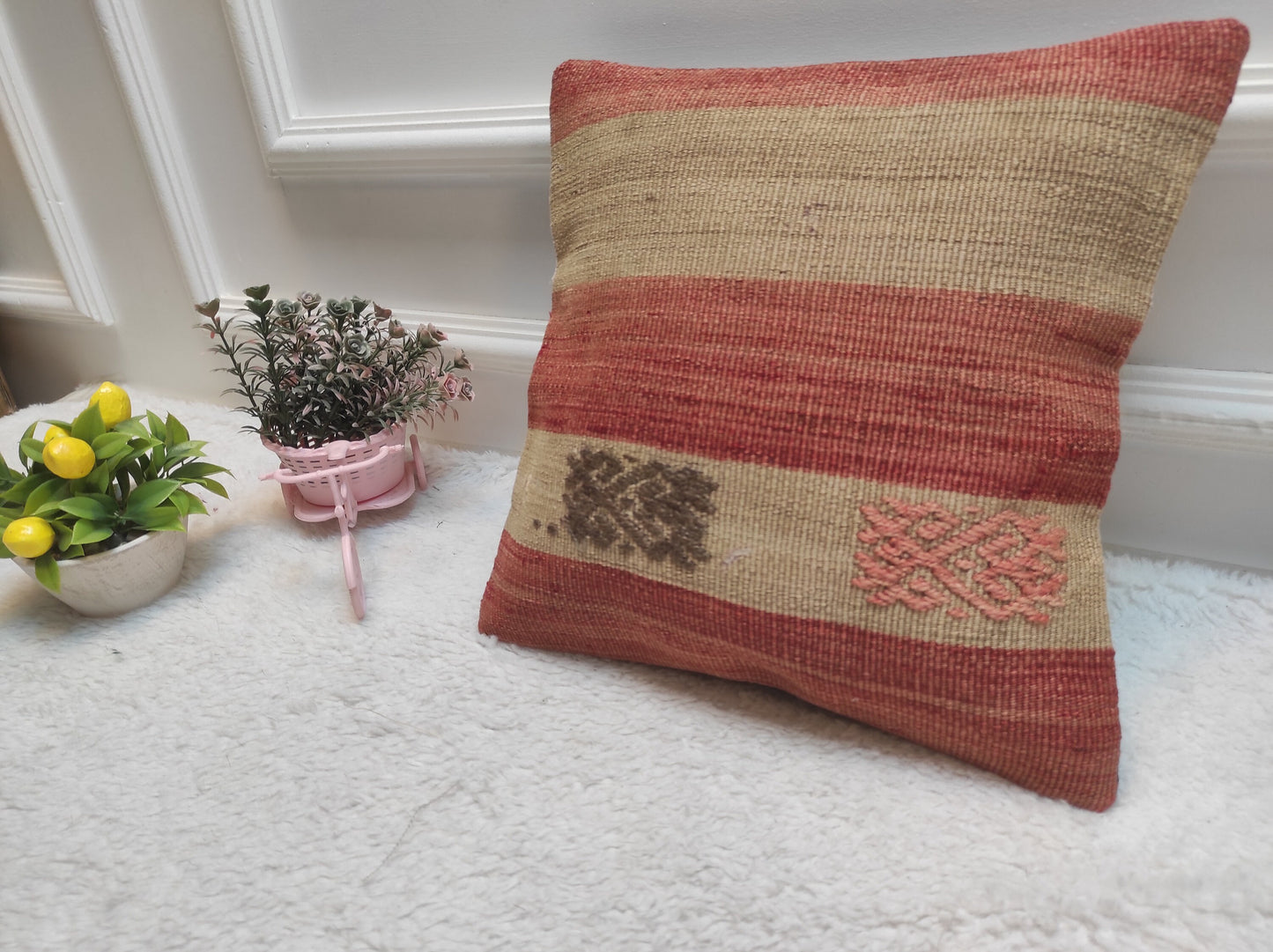 Handmade Kilim Pillow Cover: Upcycled Woven Rug, Red Beige, 12x12 inch