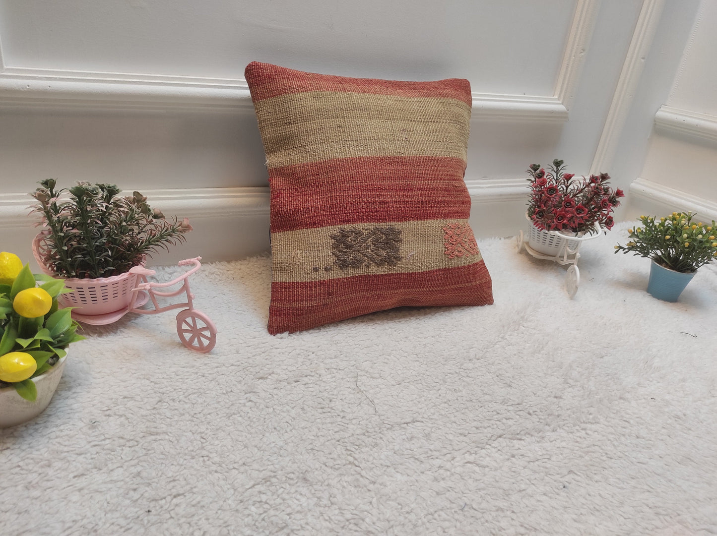 Handmade Kilim Pillow Cover: Upcycled Woven Rug, Red Beige, 12x12 inch