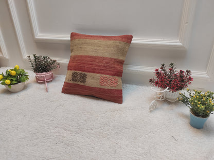 Handmade Kilim Pillow Cover: Upcycled Woven Rug, Red Beige, 12x12 inch