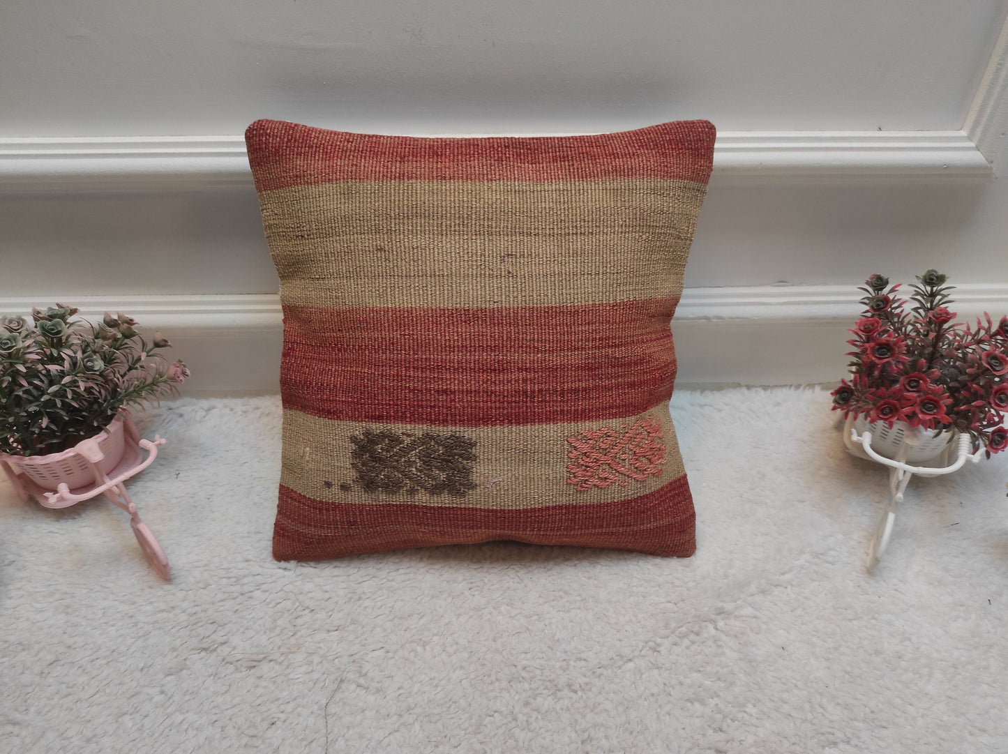 Handmade Kilim Pillow Cover: Upcycled Woven Rug, Red Beige, 12x12 inch