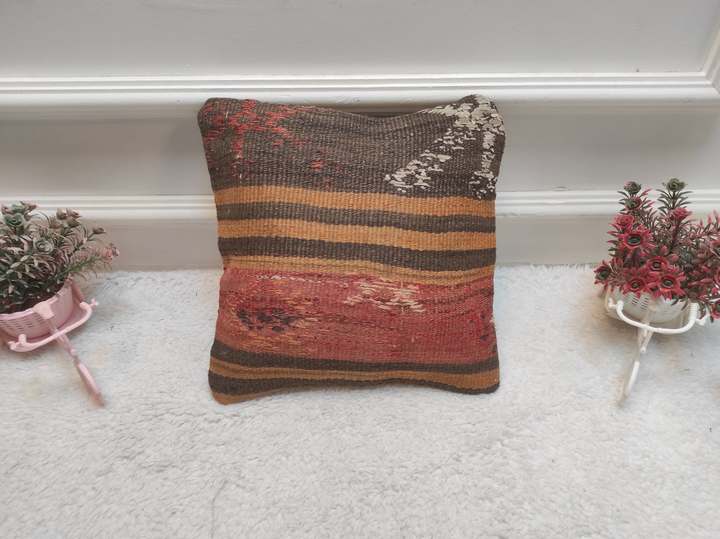 Handmade Kilim Pillow Cover: Upcycled Organic Wool Throw Pillow (12x12 inc)
