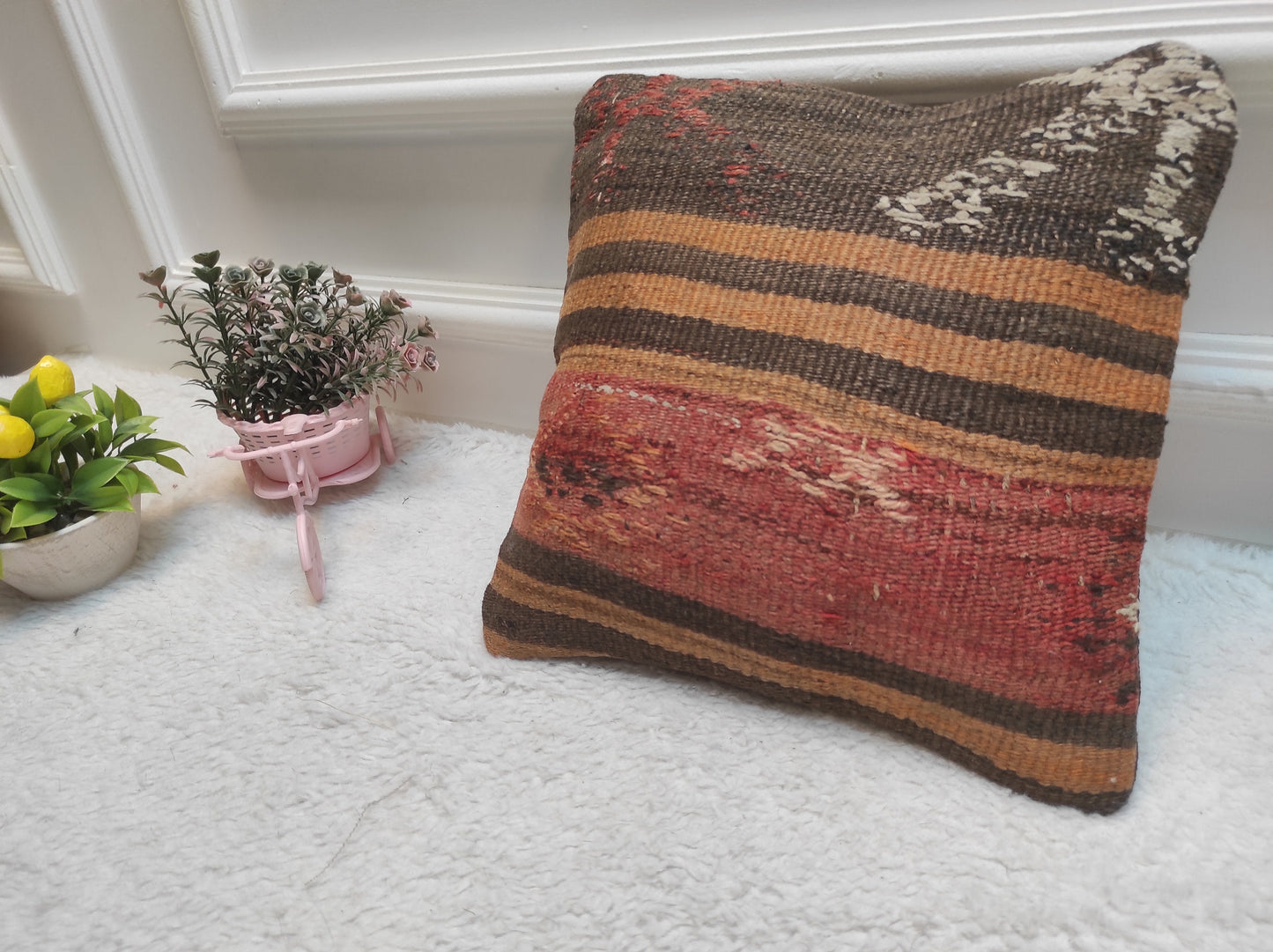 Handmade Kilim Pillow Cover: Upcycled Organic Wool Throw Pillow (12x12 inc)