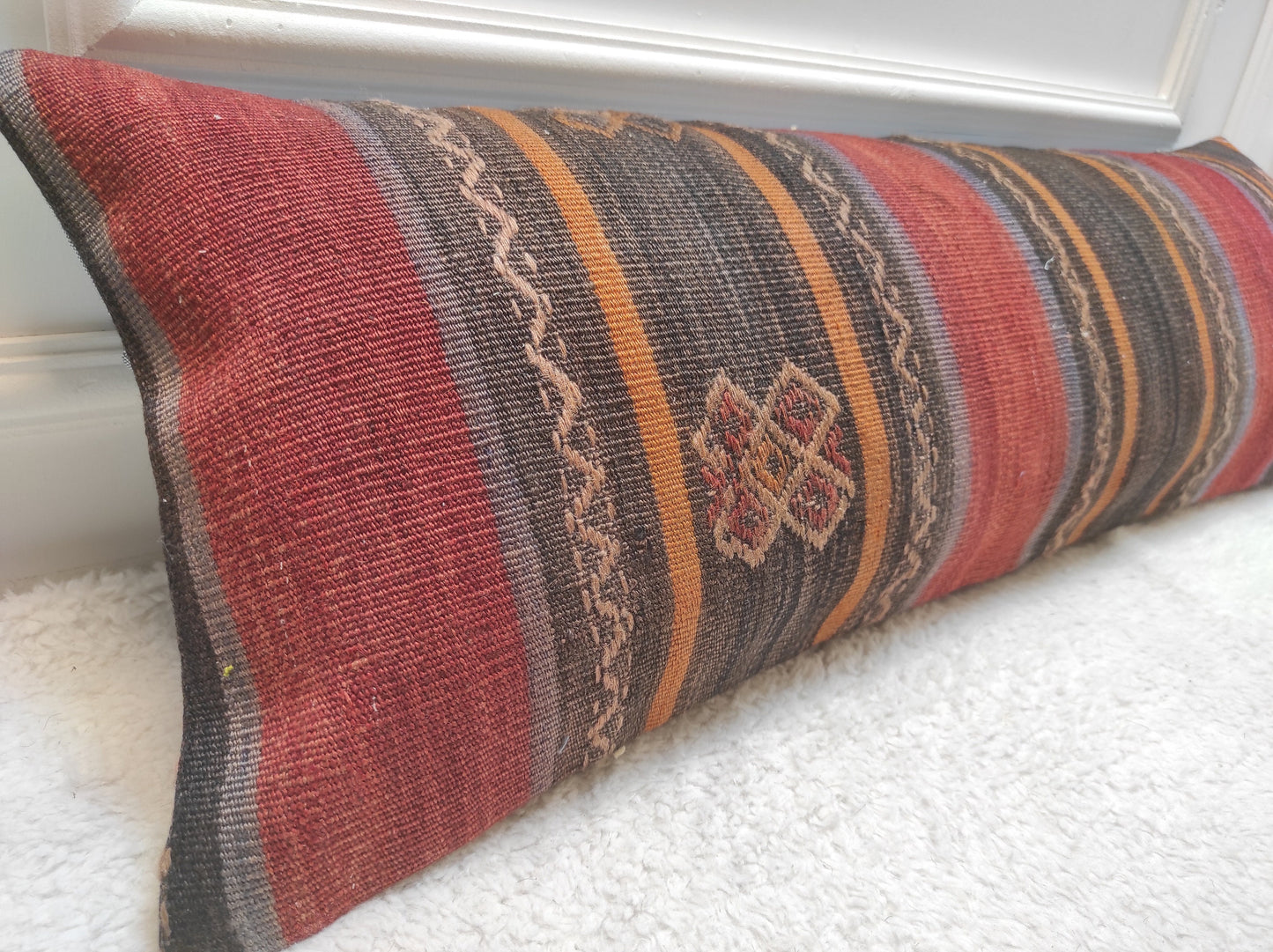 Handmade Kilim Lumbar Pillow Cover: Upcycled Anatolian Rug, 12x36