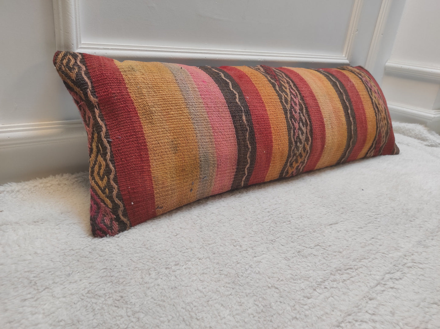 Handmade Kilim Pillow Cover: Upcycled Woven Rug, 12x36