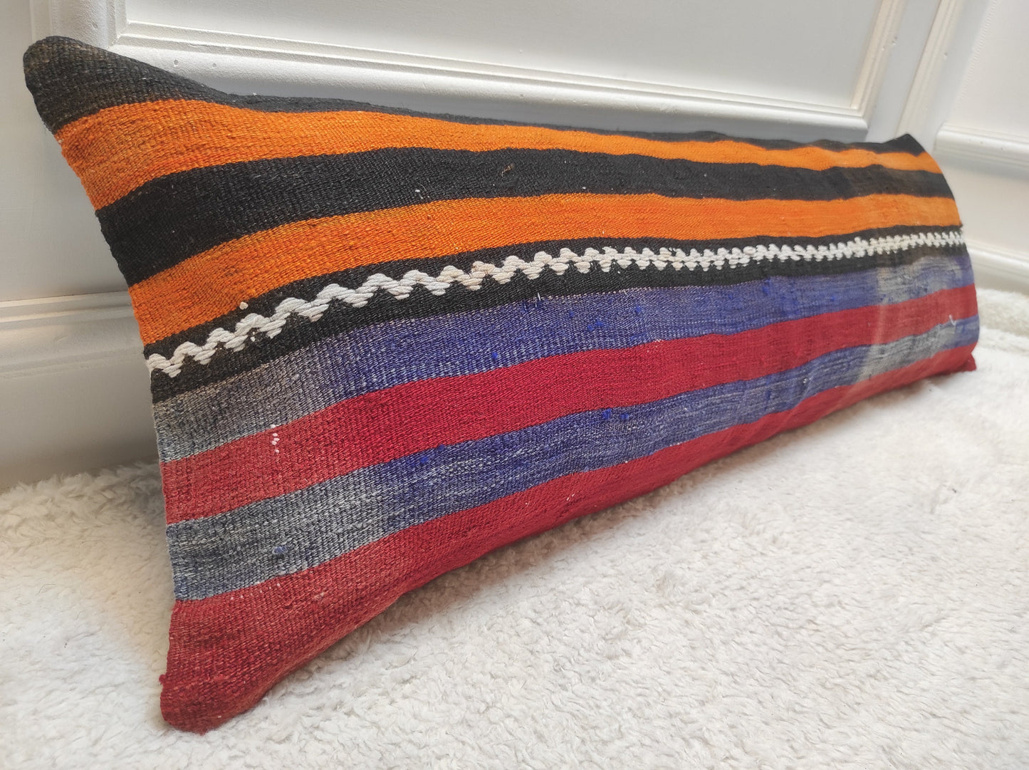 Handmade Striped Kilim Lumbar Pillow Cover: Upcycled Woven Rug (12x36)