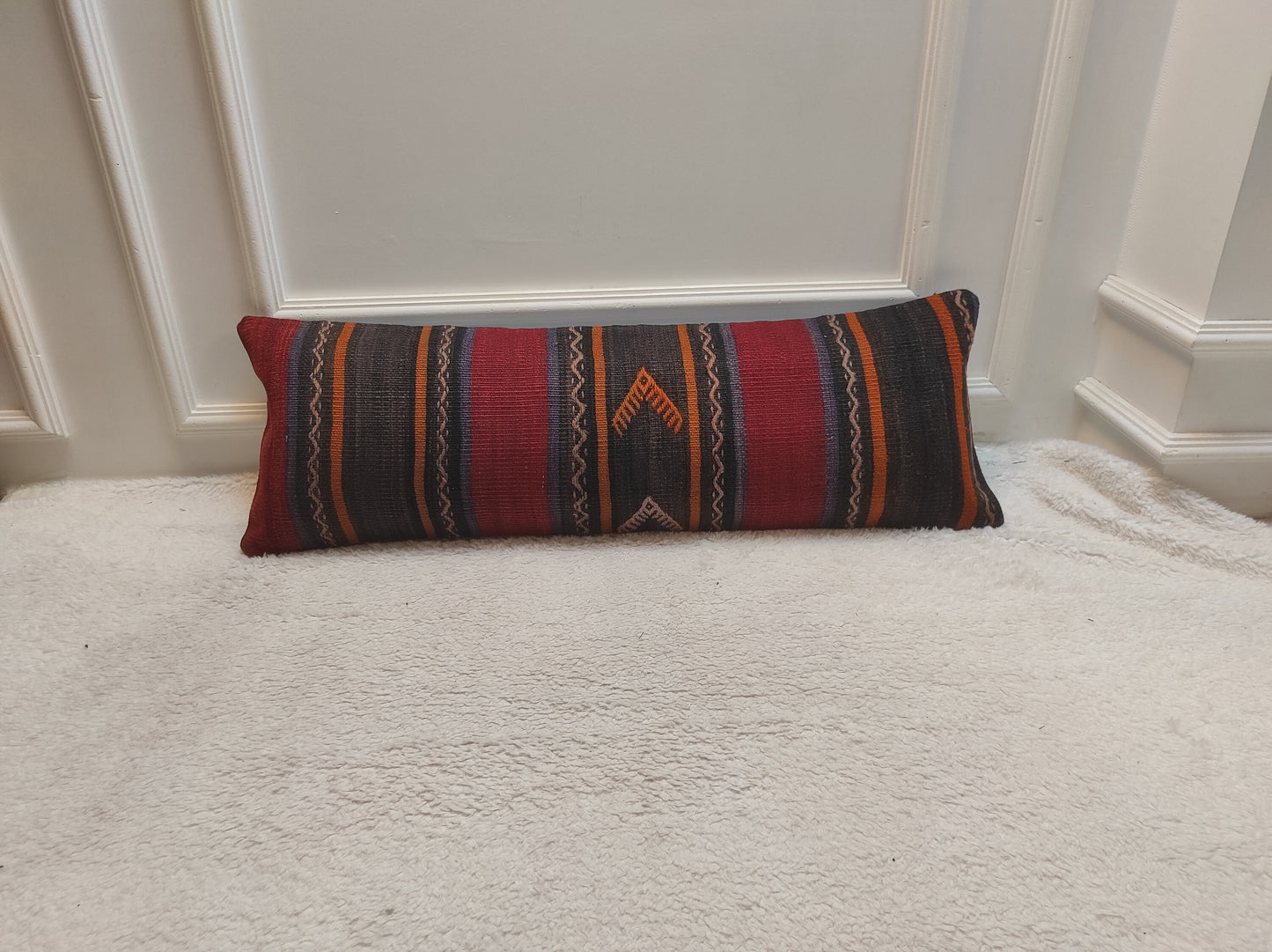 Handmade Kilim Pillow Cover: Upcycled Woven Rug, Ethnic Striped Cushion (12x36)