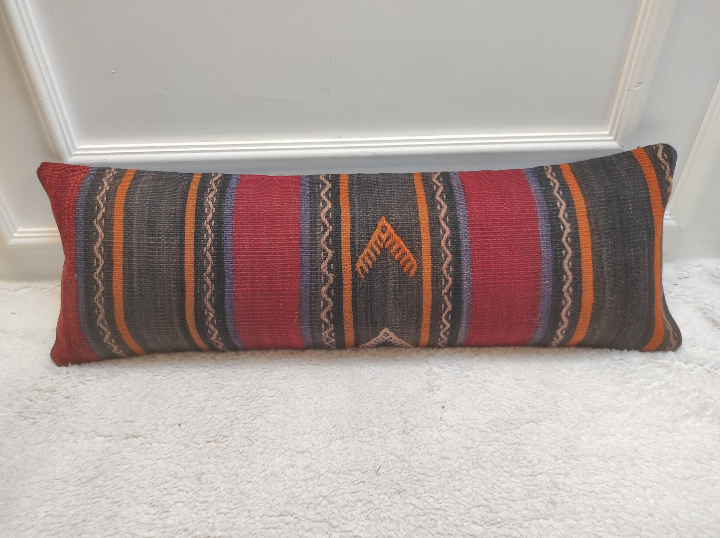 Handmade Kilim Pillow Cover: Upcycled Woven Rug, Ethnic Striped Cushion (12x36)