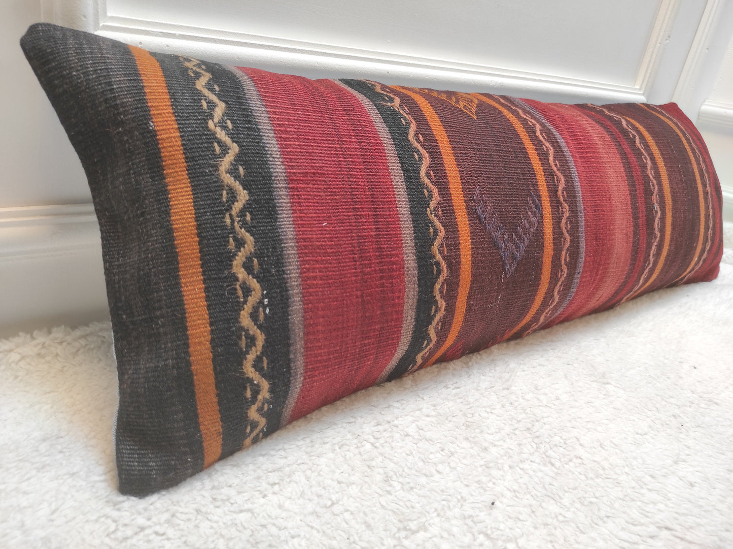 Handwoven Kilim Lumbar Pillow Cover: Upcycled Tribal Rug, 12x36