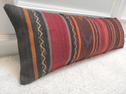 Handwoven Kilim Lumbar Pillow Cover: Upcycled Tribal Rug, 12x36