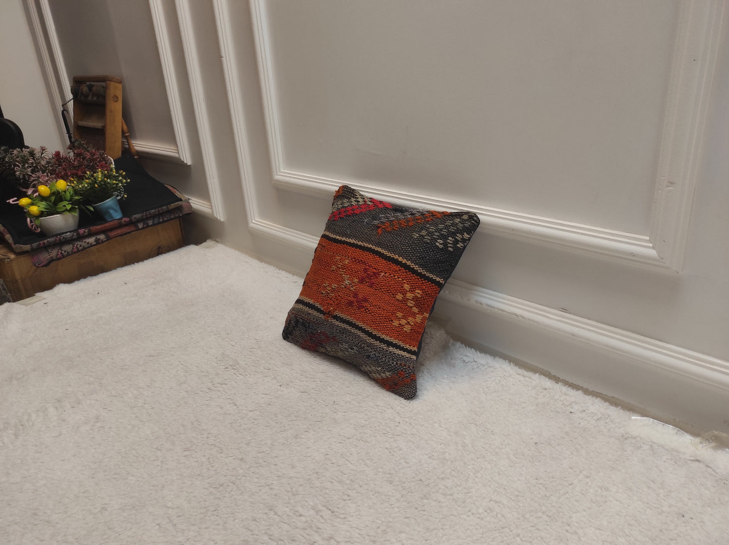 Handmade Kilim Pillow Cover: Upcycled Woven Rug, Orange Grey Red (12x12 inc)