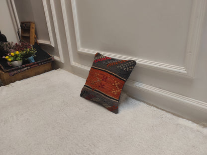 Handmade Kilim Pillow Cover: Upcycled Woven Rug, Orange Grey Red (12x12 inc)