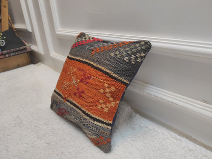 Handmade Kilim Pillow Cover: Upcycled Woven Rug, Orange Grey Red (12x12 inc)