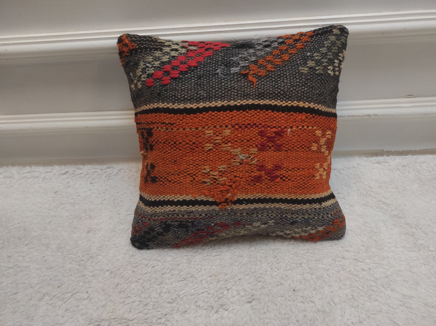 Handmade Kilim Pillow Cover: Upcycled Woven Rug, Orange Grey Red (12x12 inc)