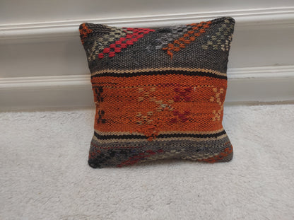 Handmade Kilim Pillow Cover: Upcycled Woven Rug, Orange Grey Red (12x12 inc)