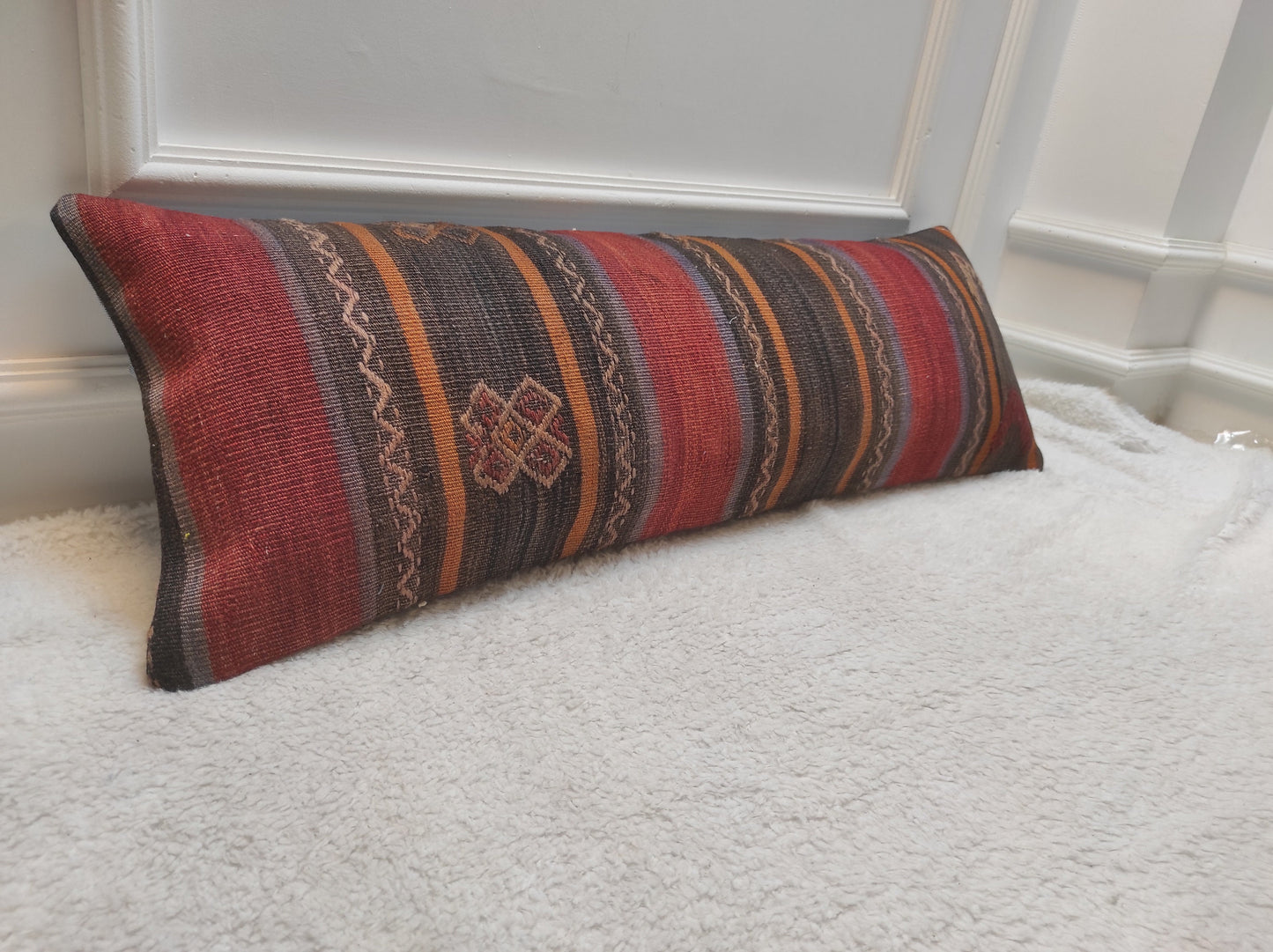 Handmade Kilim Lumbar Pillow Cover: Upcycled Anatolian Rug, 12x36