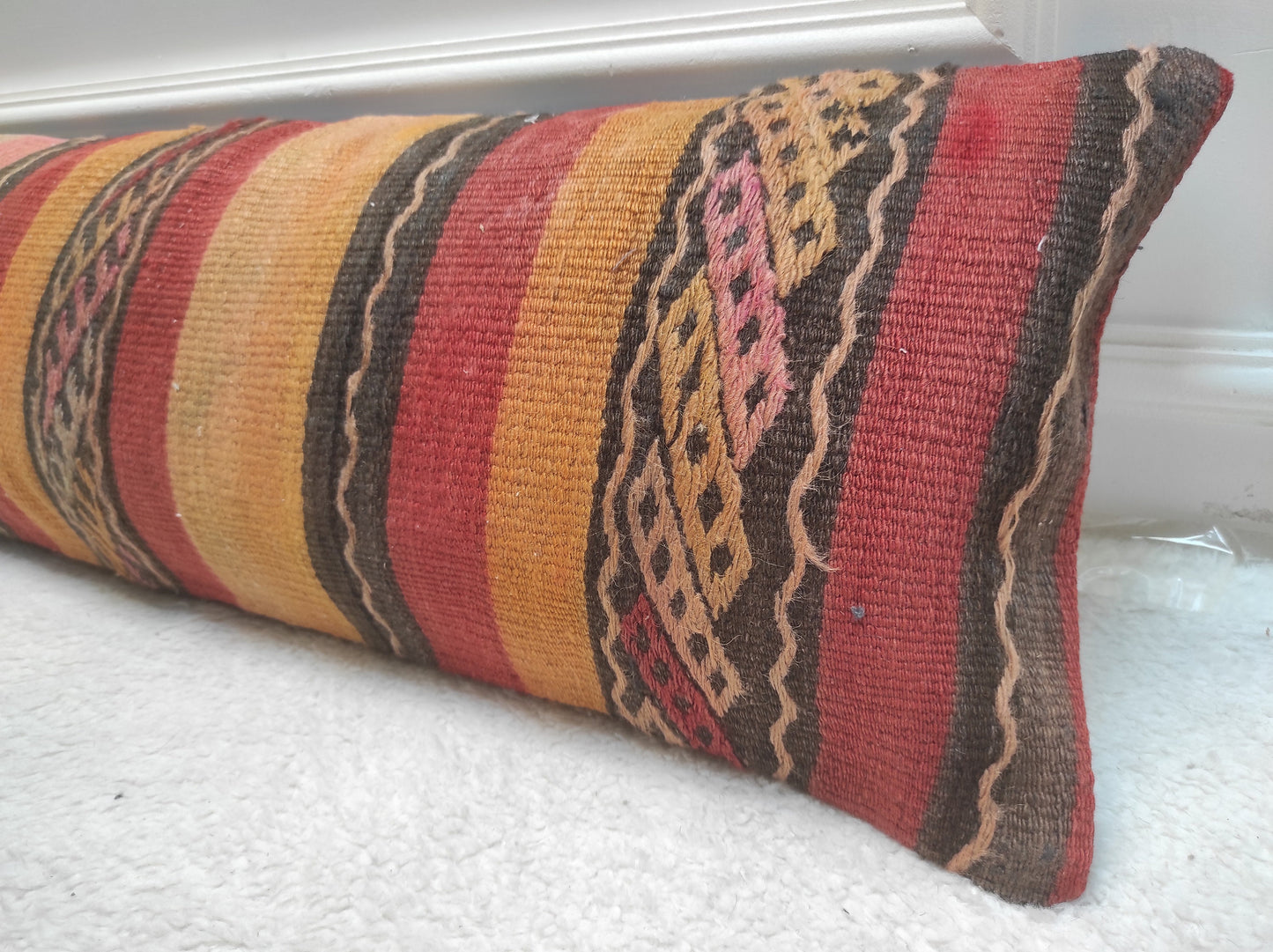 Handmade Kilim Pillow Cover: Upcycled Woven Rug, 12x36