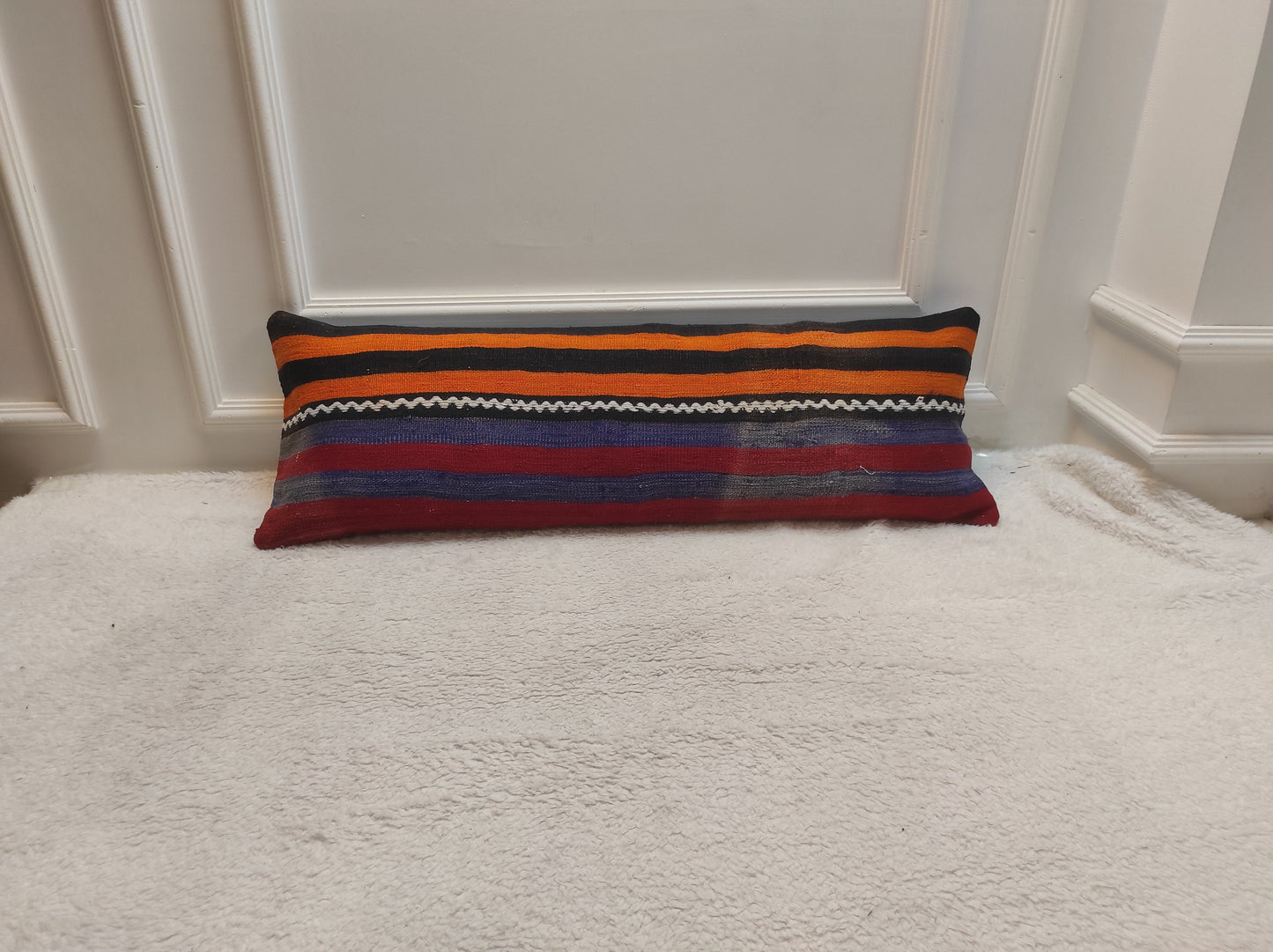 Handmade Striped Kilim Lumbar Pillow Cover: Upcycled Woven Rug (12x36)