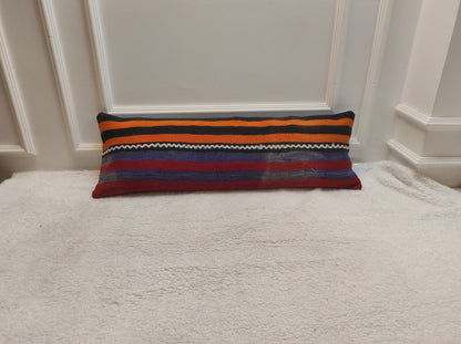 Handmade Striped Kilim Lumbar Pillow Cover: Upcycled Woven Rug (12x36)