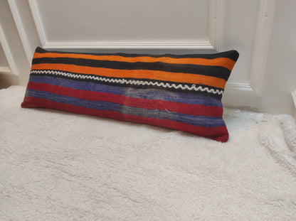 Handmade Striped Kilim Lumbar Pillow Cover: Upcycled Woven Rug (12x36)