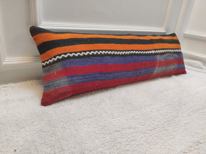 Handmade Striped Kilim Lumbar Pillow Cover: Upcycled Woven Rug (12x36)