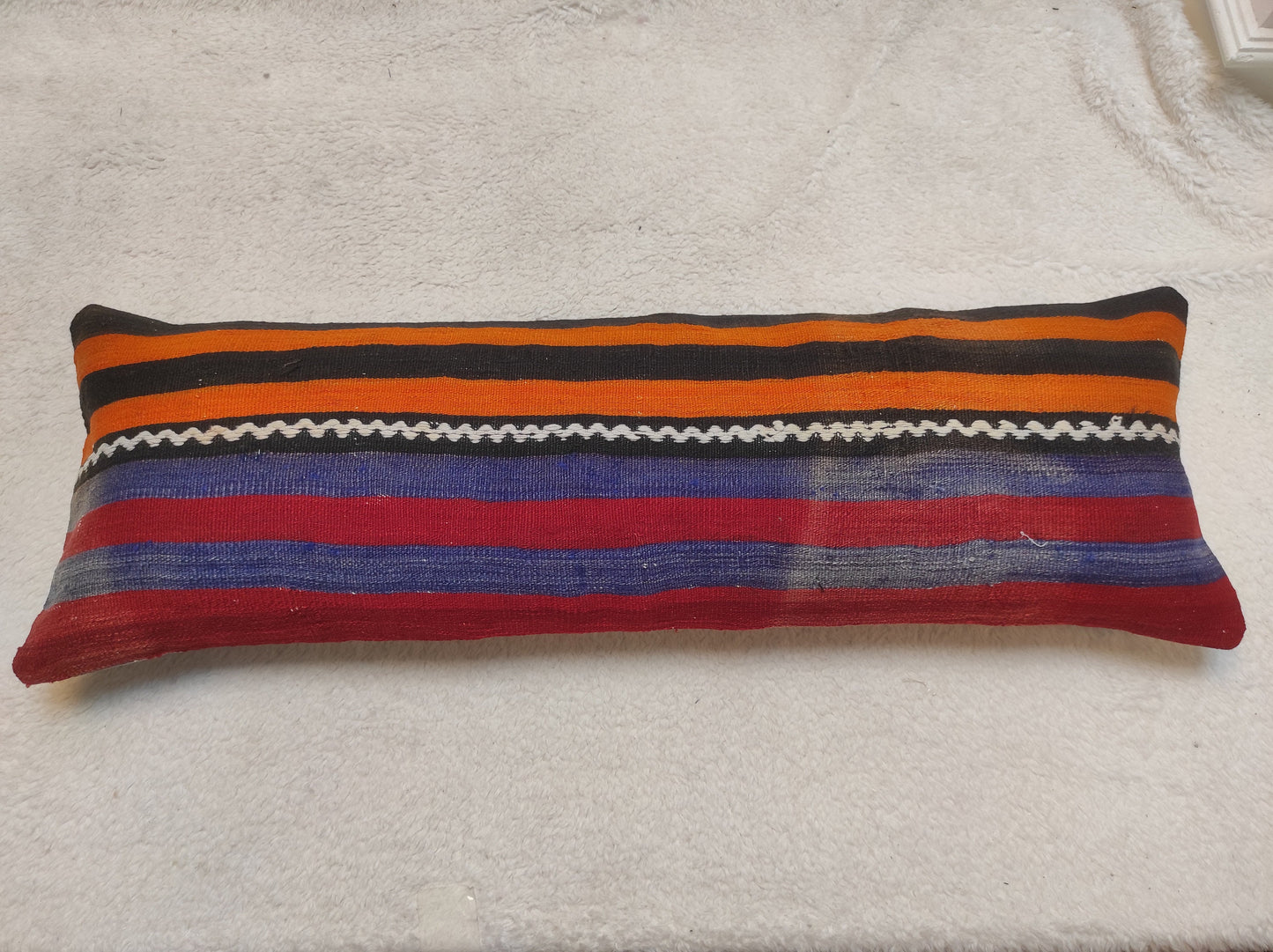 Handmade Striped Kilim Lumbar Pillow Cover: Upcycled Woven Rug (12x36)
