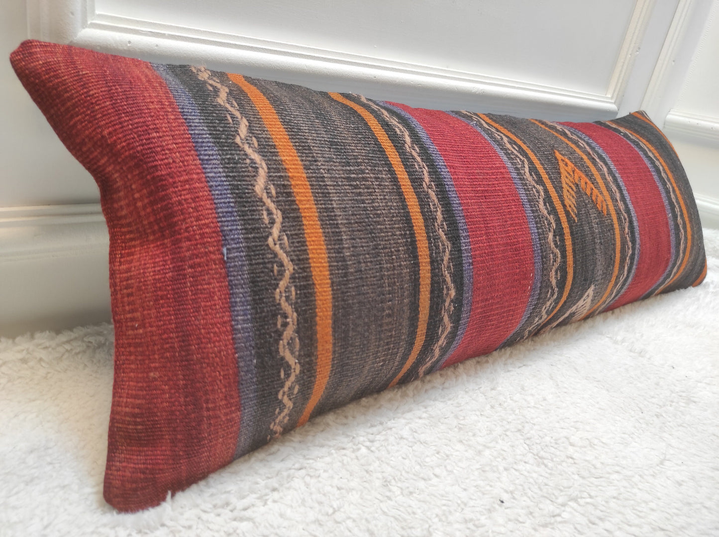 Handmade Kilim Pillow Cover: Upcycled Woven Rug, Ethnic Striped Cushion (12x36)