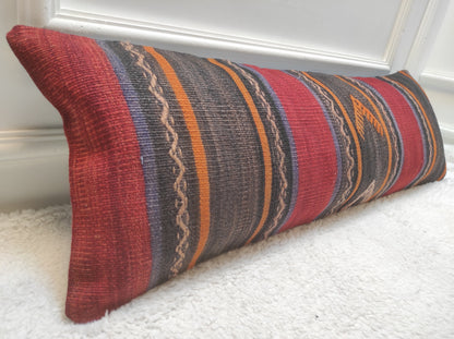 Handmade Kilim Pillow Cover: Upcycled Woven Rug, Ethnic Striped Cushion (12x36)