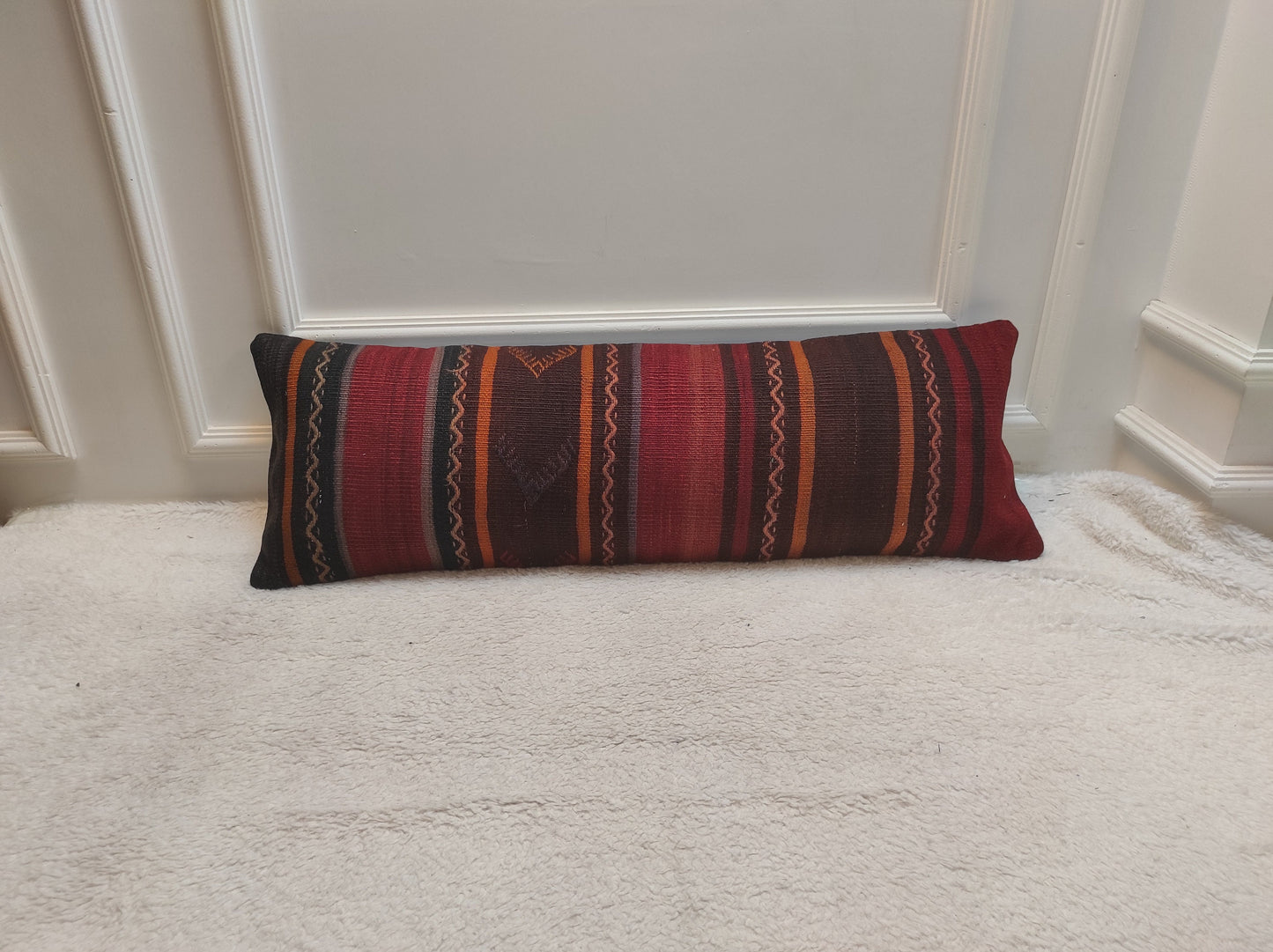 Handwoven Kilim Lumbar Pillow Cover: Upcycled Tribal Rug, 12x36