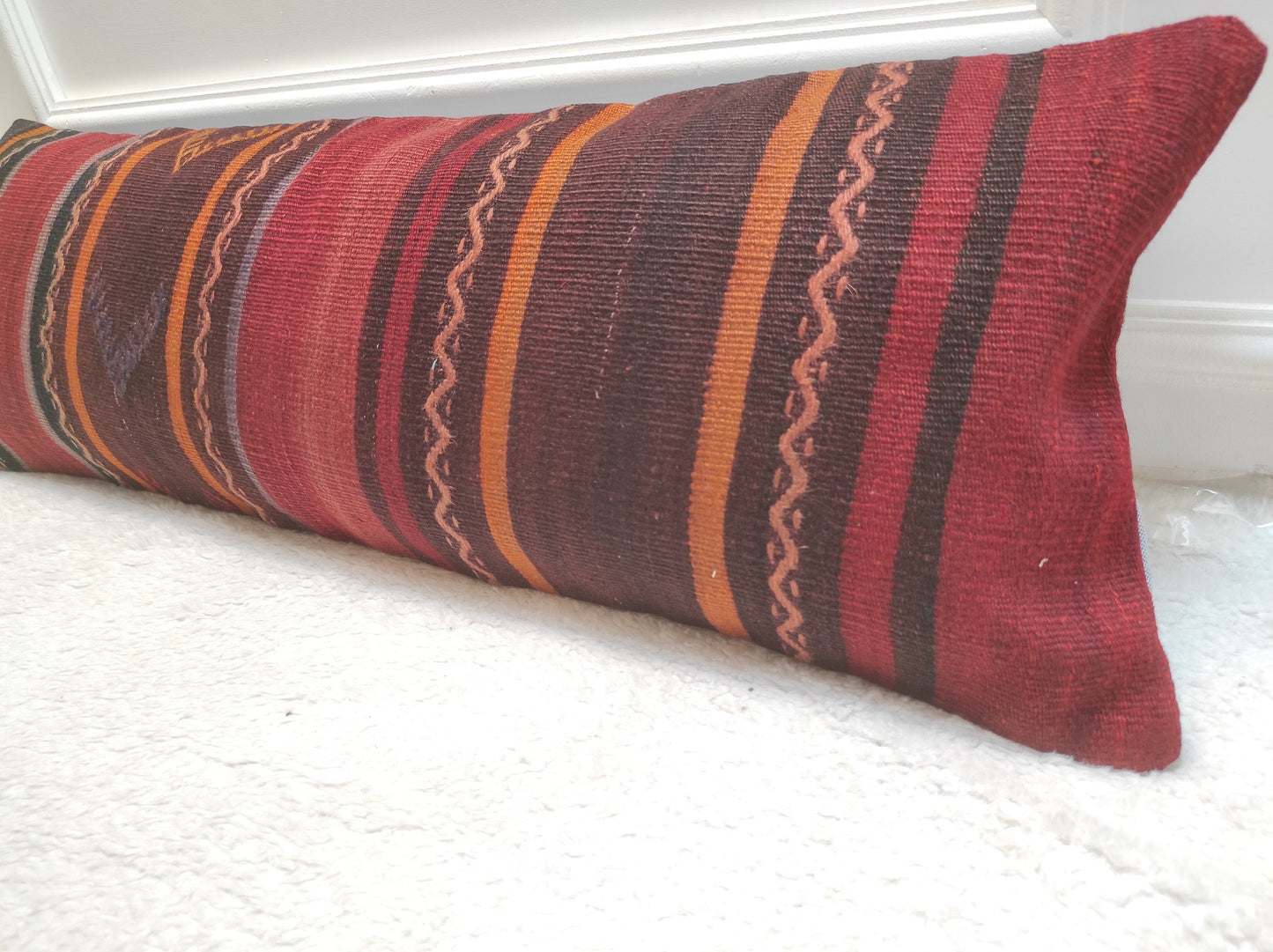 Handwoven Kilim Lumbar Pillow Cover: Upcycled Tribal Rug, 12x36