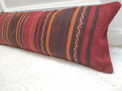 Handwoven Kilim Lumbar Pillow Cover: Upcycled Tribal Rug, 12x36