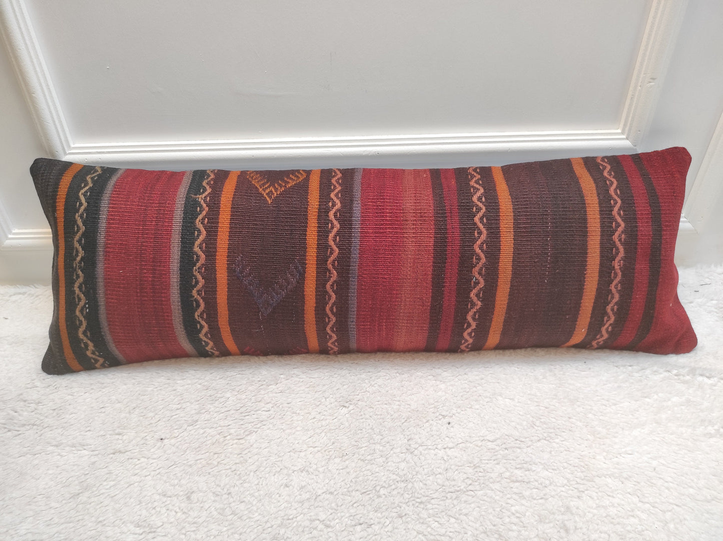 Handwoven Kilim Lumbar Pillow Cover: Upcycled Tribal Rug, 12x36